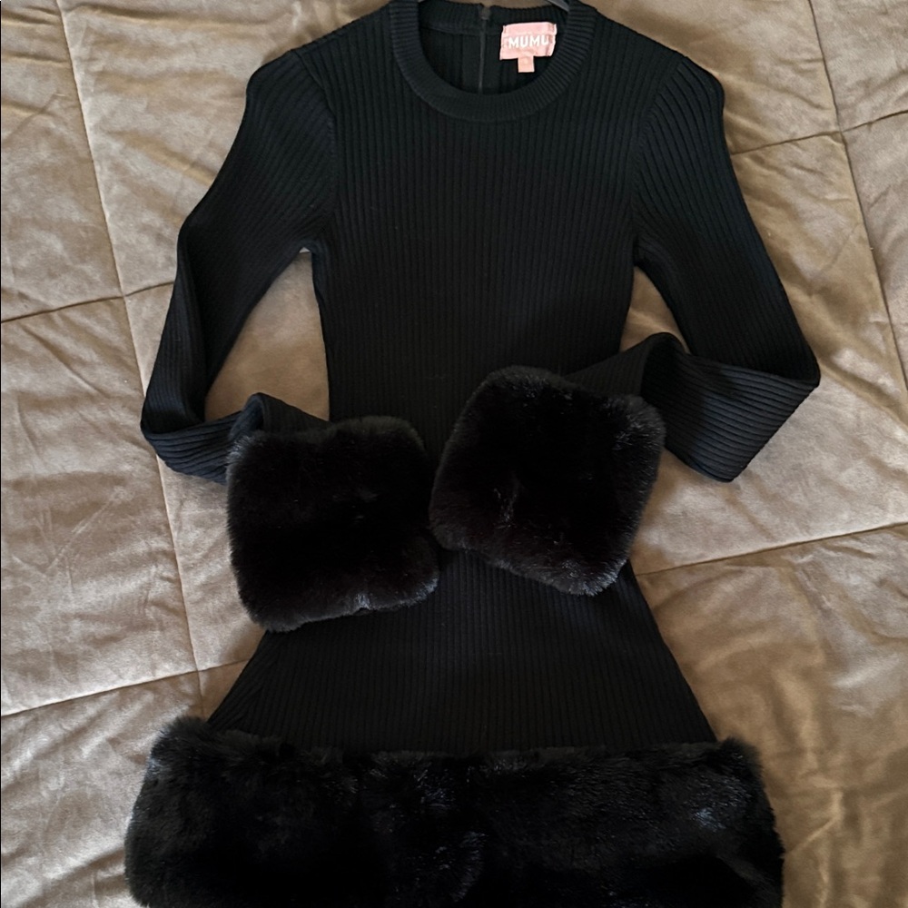 Dolls Kill Black Ribbed Dress with Faux Fur Trim